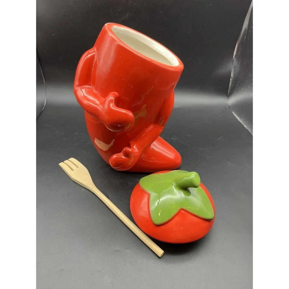 Red & Green Chili Pepper Cookie Jar/Canisters With Arms And Lid 10.75
